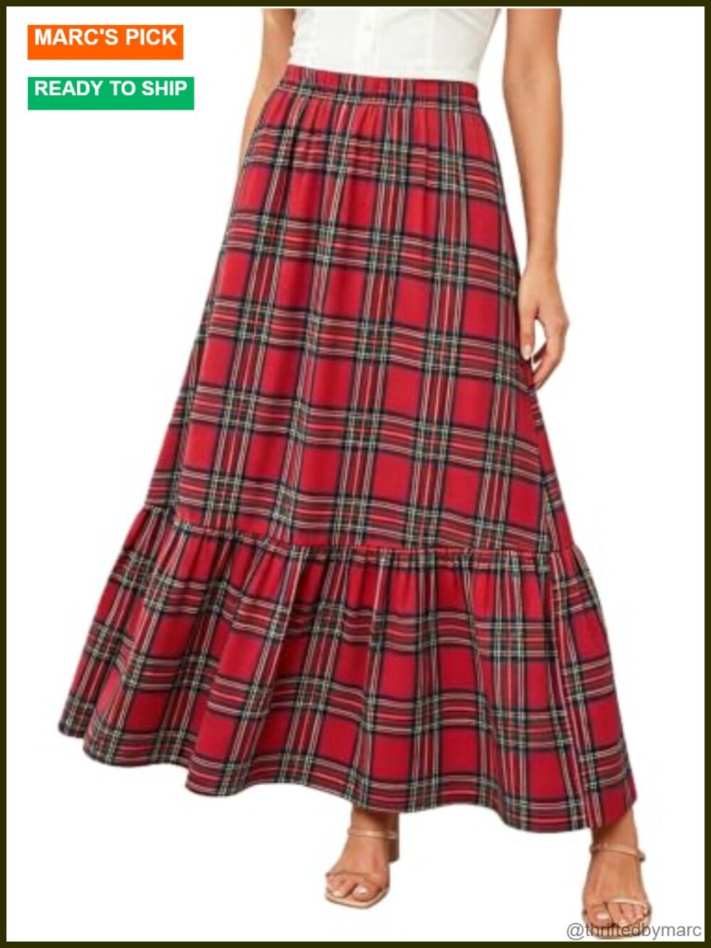 Plaid Ruffle Maxi Skirt High Waisted A-Line Long Skirt